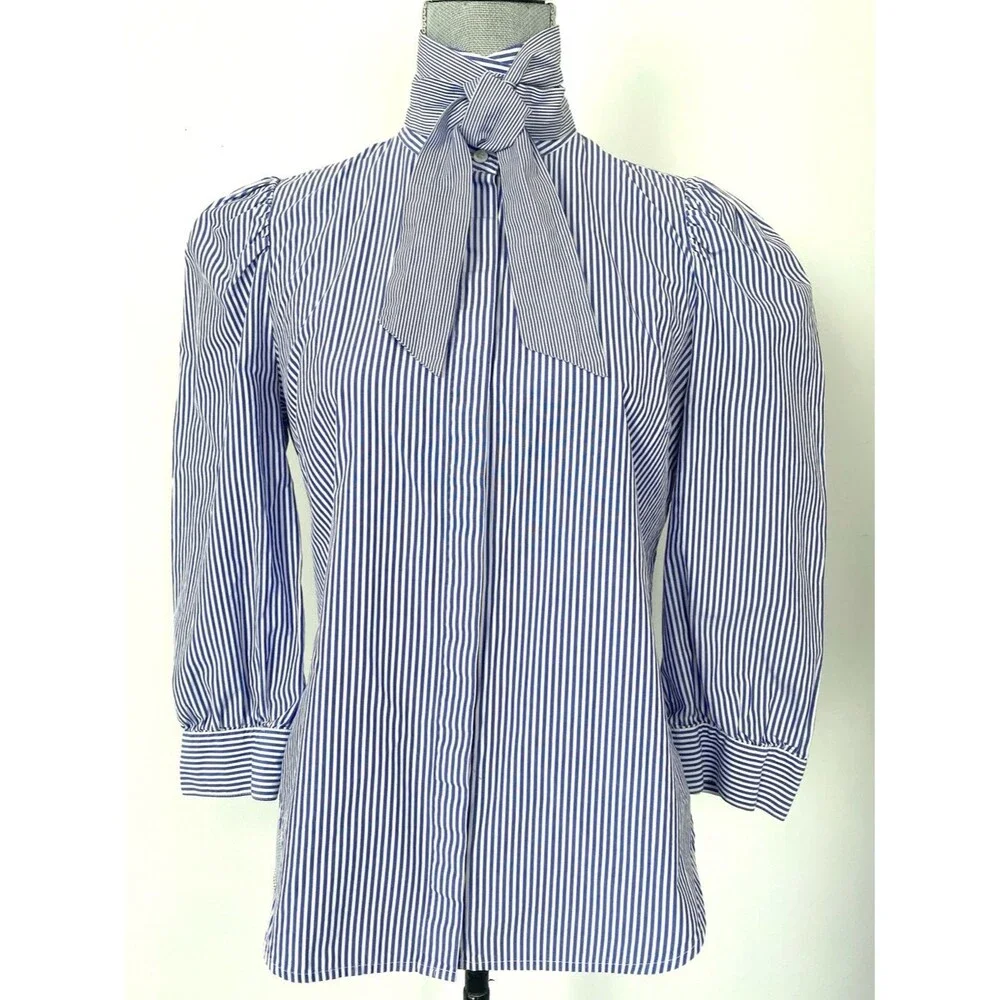 J. Crew x Thomas Mason Blue/White Striped Bow-Tie Blouse Sz 8 Puff Sleeve Preppy